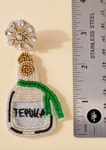 Load image into Gallery viewer, white and green and silver tequila bottle seed beaded earrings
