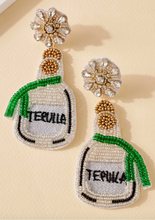 Load image into Gallery viewer, white and green and silver tequila bottle seed beaded earrings
