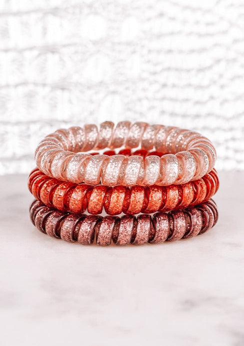 dusty rose 3 hair tie coil set sparkly and red colors
