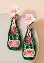 Load image into Gallery viewer, green and pink seed beaded champagne and wine bottle earrings
