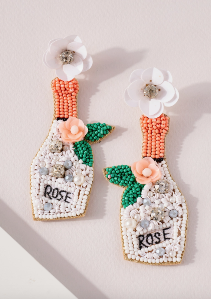 white rosé bottle champagne seed beaded earrings