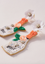 Load image into Gallery viewer, white rosé bottle champagne seed beaded earrings
