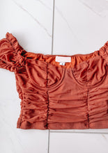 Load image into Gallery viewer, rust brick color corset style crop top with puff sleeves and bra cups
